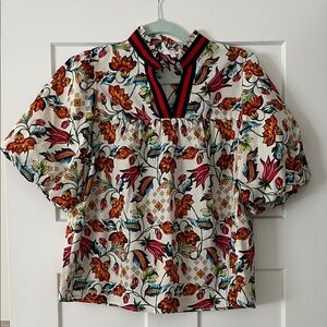 NWOT Elegant Floral Women's Blouse with Red and Navy Accents
